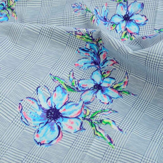 Котон-сатин стрейч V-125/1 Букетик-клітина сіра, У клітинку, фото 1