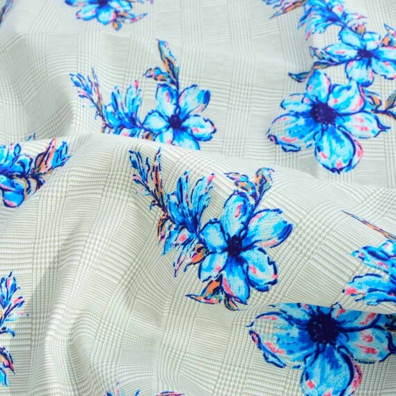 Котон-сатин стрейч V-125/2 Букетик-клітина беж, У клітинку, фото 1 Котон-сатин стрейч V-125/2 Букетик-клітина беж, У клітинку, фото 1