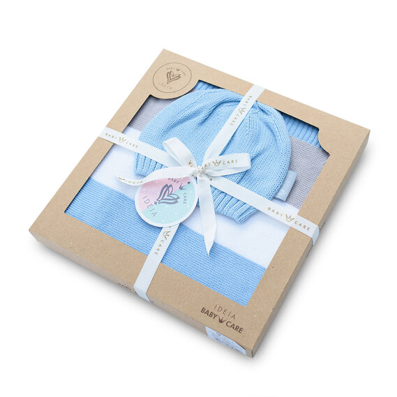 Плед в`язаний та шапочка смуга ТM PAPAELLA 70х90 см блакитний , фото 5 Плед в`язаний та шапочка смуга ТM PAPAELLA 70х90 см блакитний , фото 5