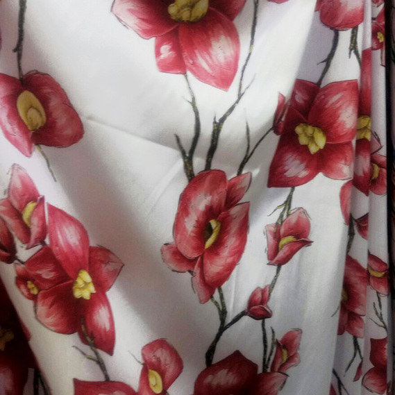 Armani Silk Satin Atlas Fabric V-9/1 коралова квітка біла, Квітковий, фото 1