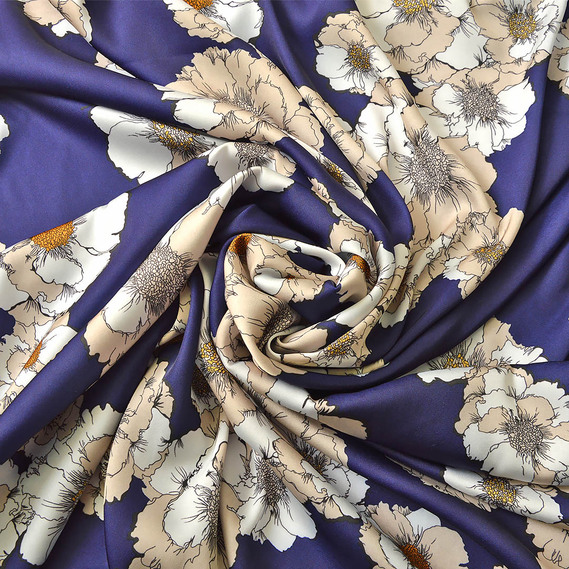 Тканина атлас шовк-сатин Armani V-8/2 квітковий вальс темно синій, Квітковий, фото 1