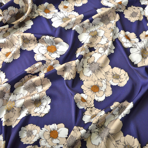 Тканина атлас шовк-сатин Armani V-8/2 квітковий вальс темно синій, Квітковий, фото 2