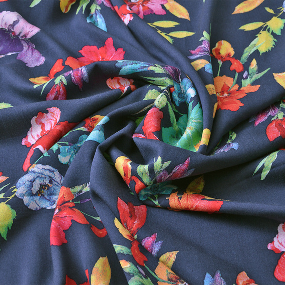 Ткань штапель твил принт, 140 см, 160 гр/м2, для платьев, блузок, юбок V-7/1 іриси т/синій, фото 1