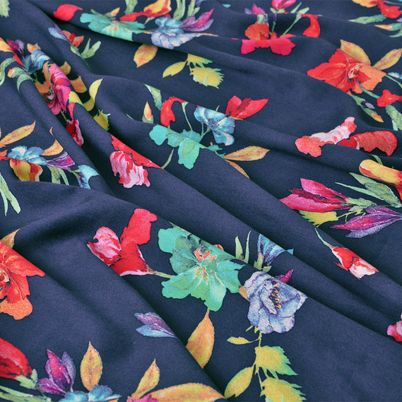 Ткань штапель твил принт, 140 см, 160 гр/м2, для платьев, блузок, юбок V-7/1 іриси т/синій, фото 2