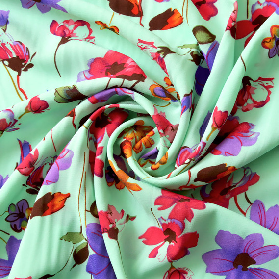 Шифон стрейч Флора галявина бірюза, Квітковий, фото 1
