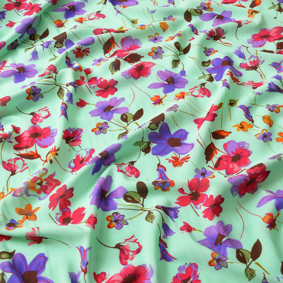 Шифон стрейч Флора галявина бірюза, Квітковий, фото 2