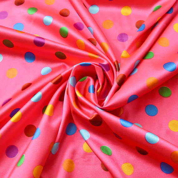 Тканина плательная атлас Горохи малина різнокольорова, фото 1