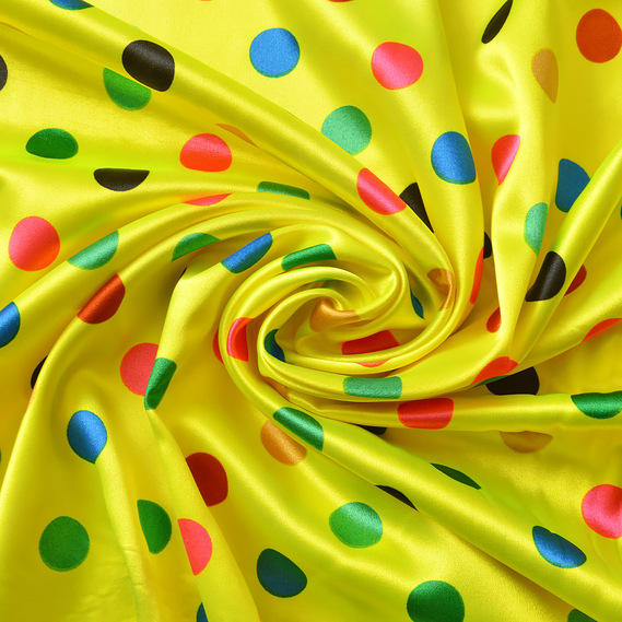 Тканина плательная атлас Горохи лимон різнокольорова, фото 1