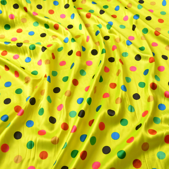 Тканина плательная атлас Горохи лимон різнокольорова, фото 2