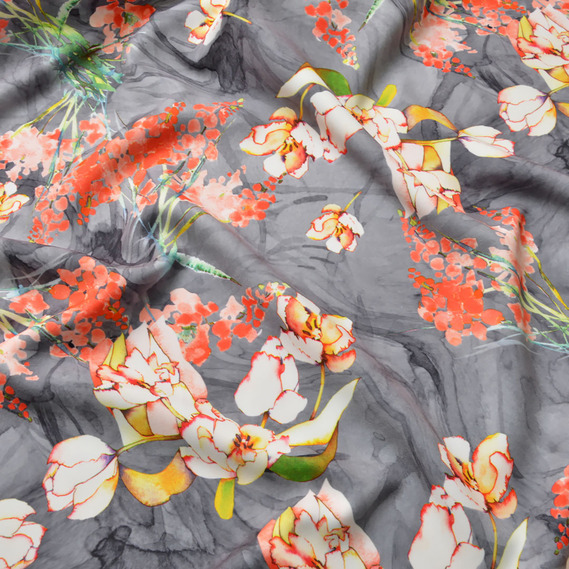 Ткань костюмная Fendi принт тюльпани т/сіра, Квітковий, фото 2