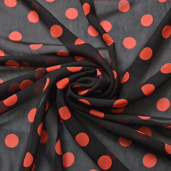 Тканина шифон горохи асорті велик.чорно/корал, фото 1