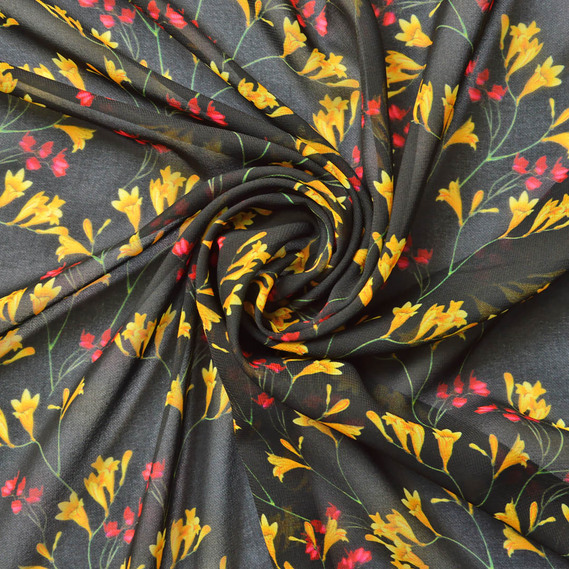 Тканина Шифон софт фрезії чорна, Квітковий, фото 1 Тканина Шифон софт фрезії чорна, Квітковий, фото 1