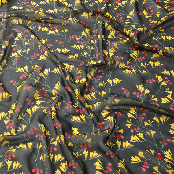 Тканина Шифон софт фрезії чорна, Квітковий, фото 2 Тканина Шифон софт фрезії чорна, Квітковий, фото 2