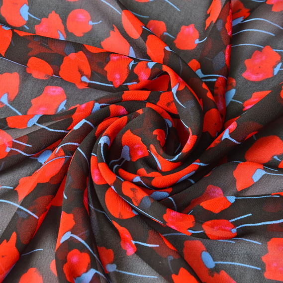 Шифон Мить креп поле квітів чорний, Квітковий, фото 1