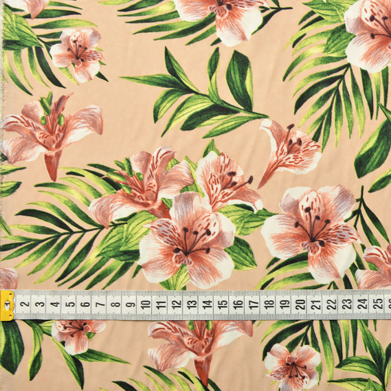 Тканина сатин Fendi, 150 см, для одягу, плаття, костюмів, спідниць V-5/2 Лілія т/беж, Квітковий, фото 3