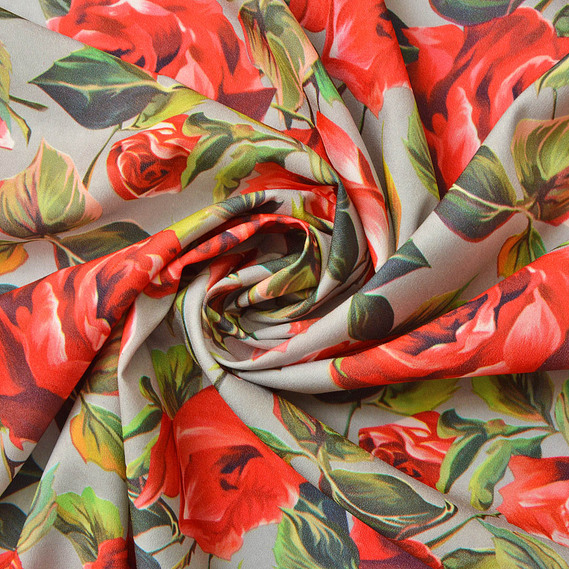 Тканина сатин Fendi, 150 см, для одягу, плаття, костюмів, спідниць троянди сірі, Квітковий, фото 1