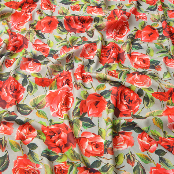 Тканина сатин Fendi, 150 см, для одягу, плаття, костюмів, спідниць троянди сірі, Квітковий, фото 2