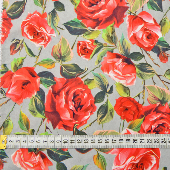 Тканина сатин Fendi, 150 см, для одягу, плаття, костюмів, спідниць троянди сірі, Квітковий, фото 4