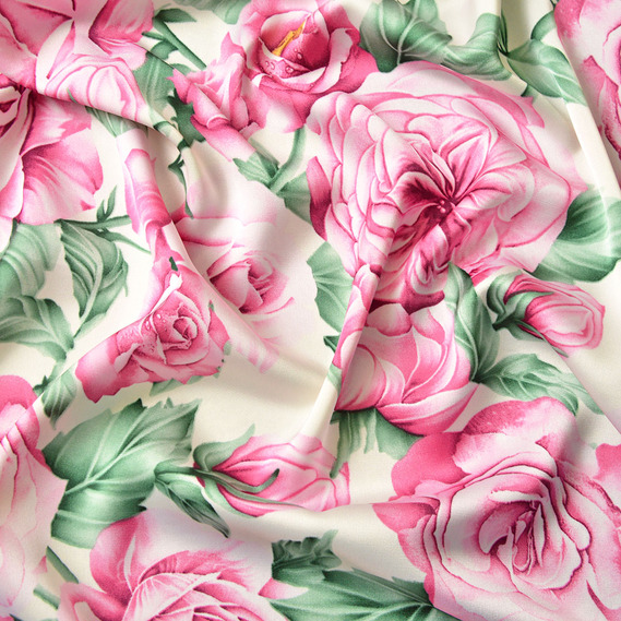 Тканина плательна атлас шовк чайна троянда молоко, Квітковий, фото 2