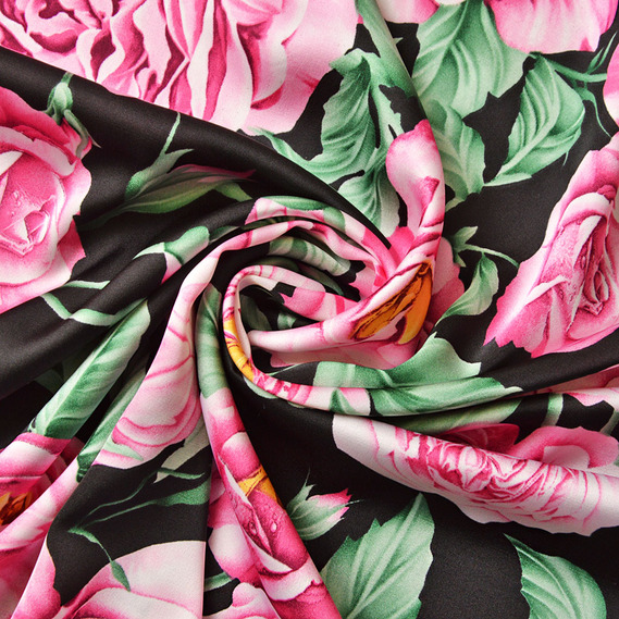 Тканина плательна атлас шовк чайна троянда чорний, Квітковий, фото 1