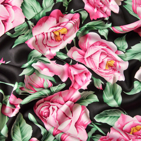 Тканина плательна атлас шовк чайна троянда чорний, Квітковий, фото 2