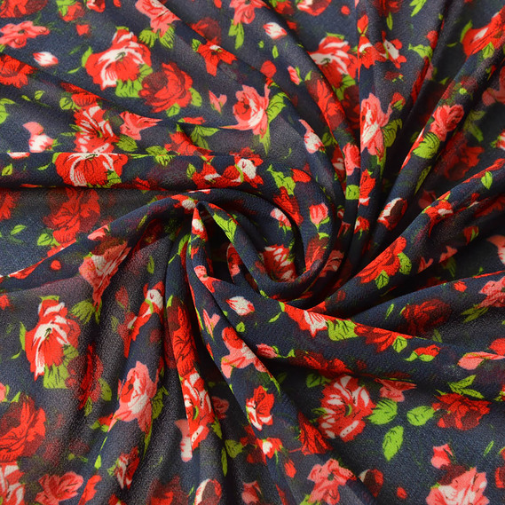 Тканина шифон креп троянди червоні на синьому, Квітковий, фото 1