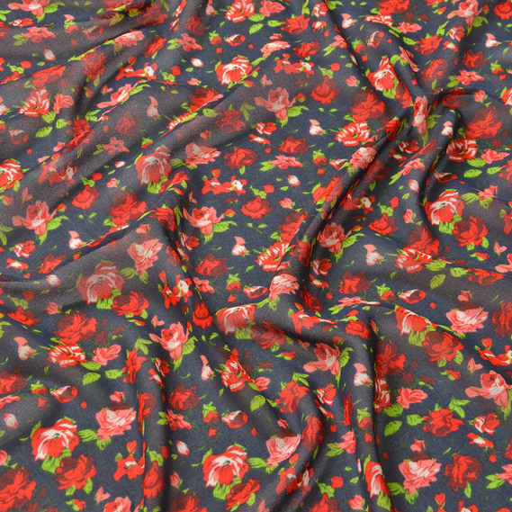 Тканина шифон креп троянди червоні на синьому, Квітковий, фото 2