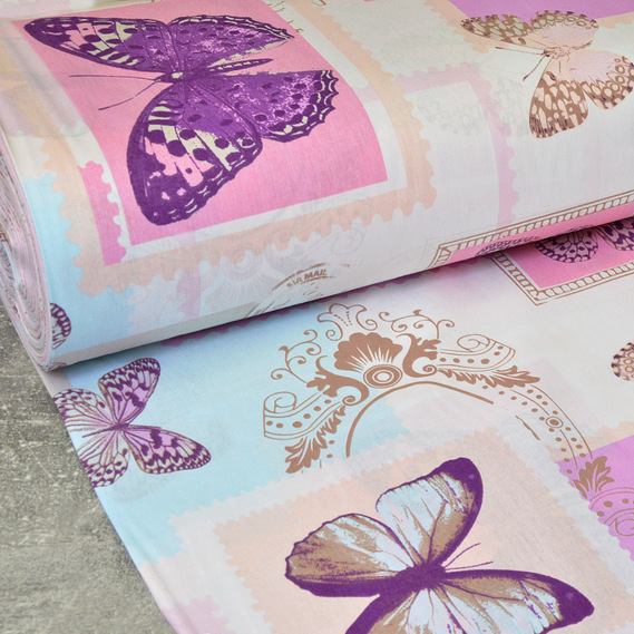 Тканина бязь ранфорс для постільної білизни 2,4 м V-G10809/1 баттерфляй фіолет, Фауна, фото 1