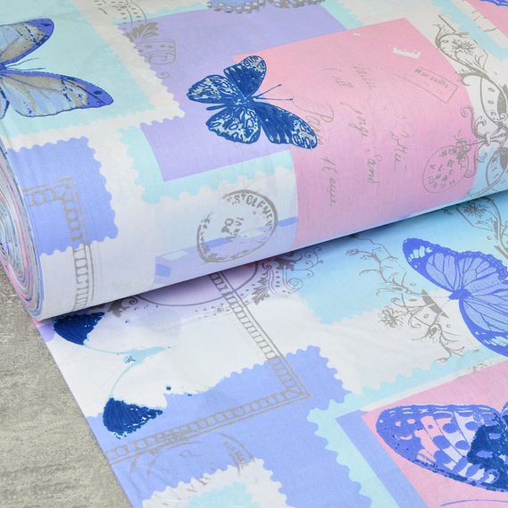 Ткань бязь ранфорс для постельного белья 2,4 м V-G10809/4 баттерфляй лілова, Фауна, фото 1