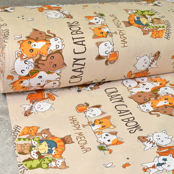 Ткань бязь ранфорс для постельного белья 2,4 м V-R110695/06 Crazy cat беж, фото 1