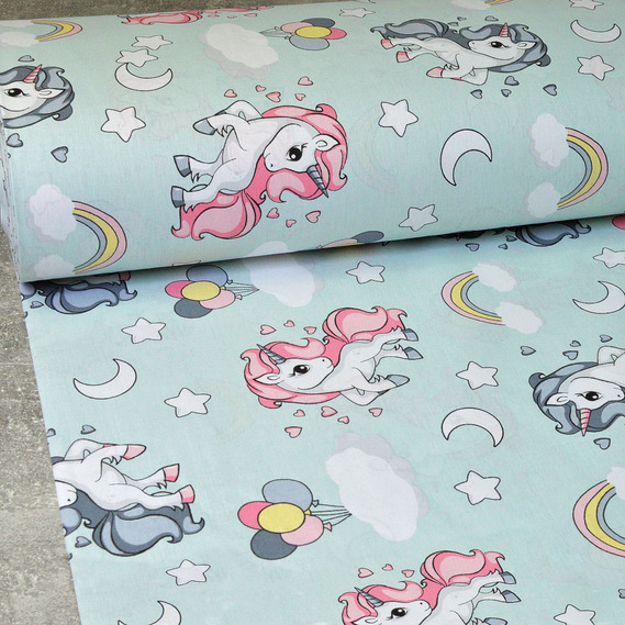 Ткань бязь ранфорс для постельного белья 2,4 м V-G8919/7 єдиноріг м`ята, фото 1