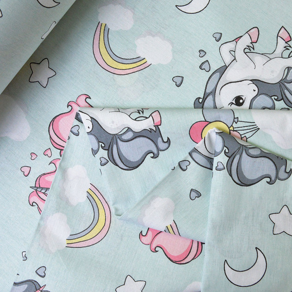 Ткань бязь ранфорс для постельного белья 2,4 м V-G8919/7 єдиноріг м`ята, фото 2