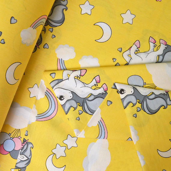 Ткань бязь ранфорс для постельного белья 2,4 м V-G8919/10 єдиноріг жовта, фото 2