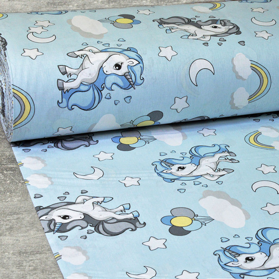 Тканина бязь ранфорс для постільної білизни 2,4 м V-G8919/12 єдиноріг блакитна, фото 1