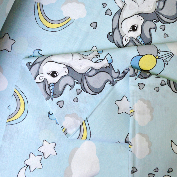 Тканина бязь ранфорс для постільної білизни 2,4 м V-G8919/12 єдиноріг блакитна, фото 2