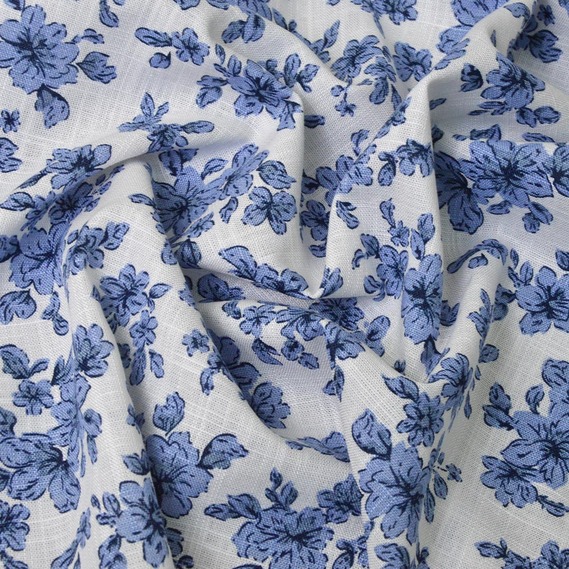 Льон принт Забава V-11/1 квіточки білий/денім, Квітковий, фото 1
