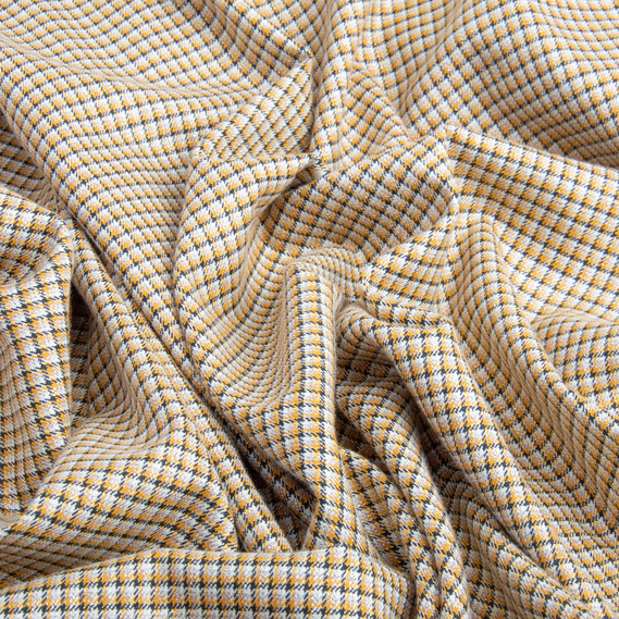 Metallic checkered suit fabric, 150 cm wide, 222 g/m², plaid, tartan, suit fabric V-1/3 гірчиця/чорна, фото 2