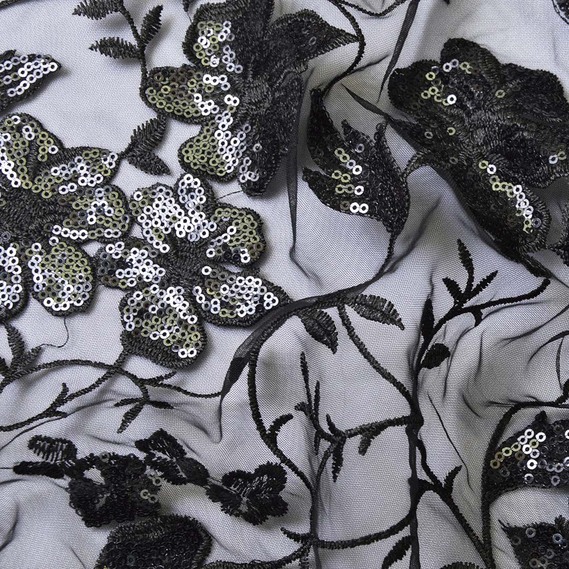 Сетка-вышивка пайетка V-4/1 чорна, фото 2 Сетка-вышивка пайетка V-4/1 чорна, фото 2