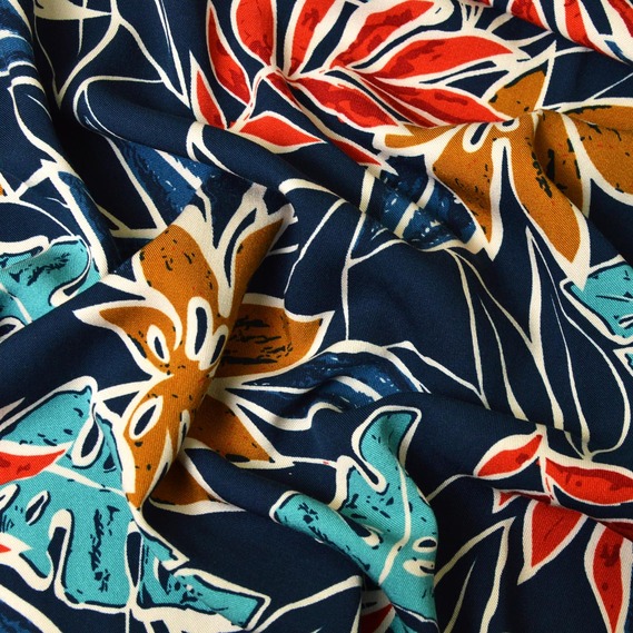 Штапель-твіл монстера т/синя, Флора, фото 1