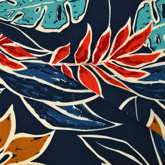 Штапель-твіл монстера т/синя, Флора, фото 2