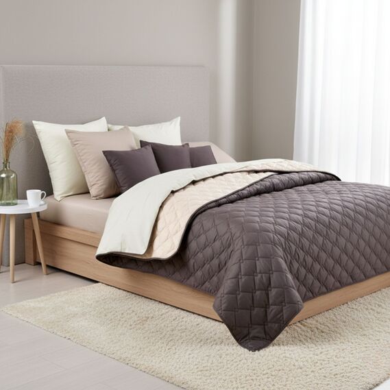 Покрывало на кровать Стиль Cube 180х210 см IDEIA двухстороннее, прочная стежка ткани, антиаллергенное волоконо шоколад/беж, фото 1