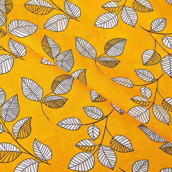 Батист набивний листячко жовтий, Флора, фото 1