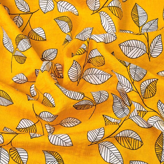 Батист набивний листячко жовтий, Флора, фото 2