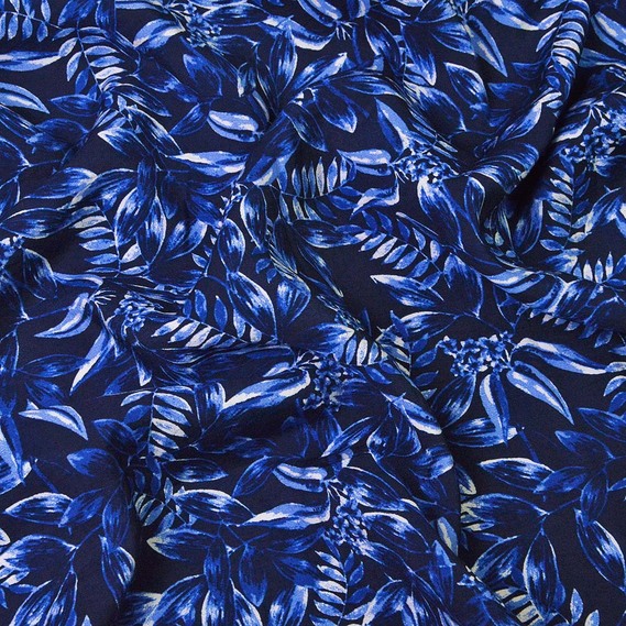 Ткань плательная Муслин вискоза листик т/синя, Флора, фото 1