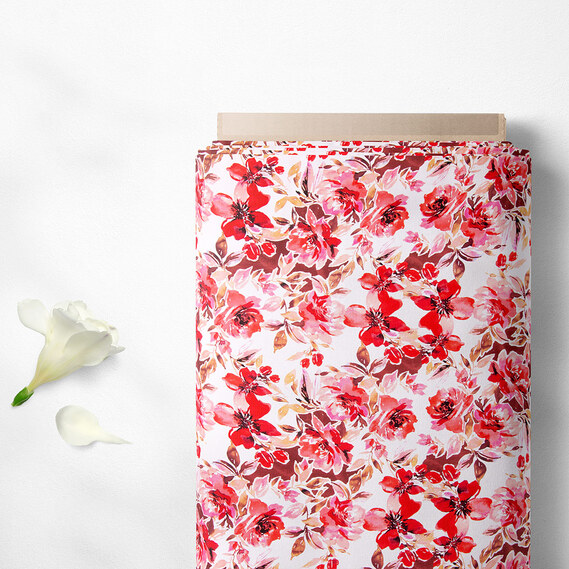 Тканина плательна Муслін віскоза піони червоні, Акварель, фото 2