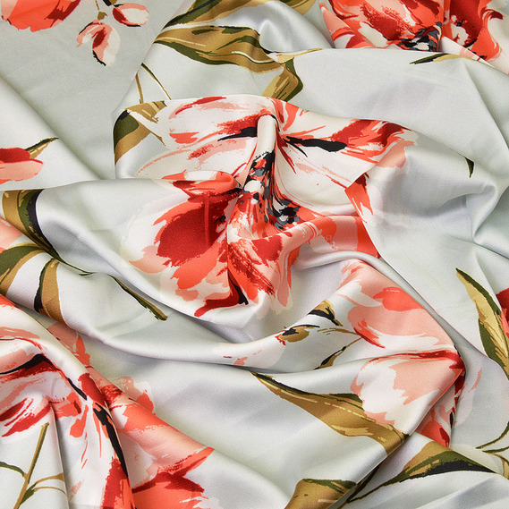 Тканина плательная атлас шовк флора св/сірий, Квітковий, фото 1