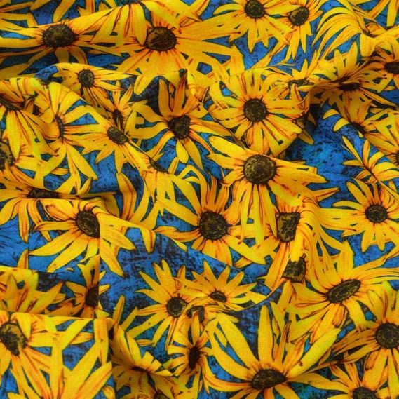 Льон принт ромашка вел на синьому, Квітковий, фото 1