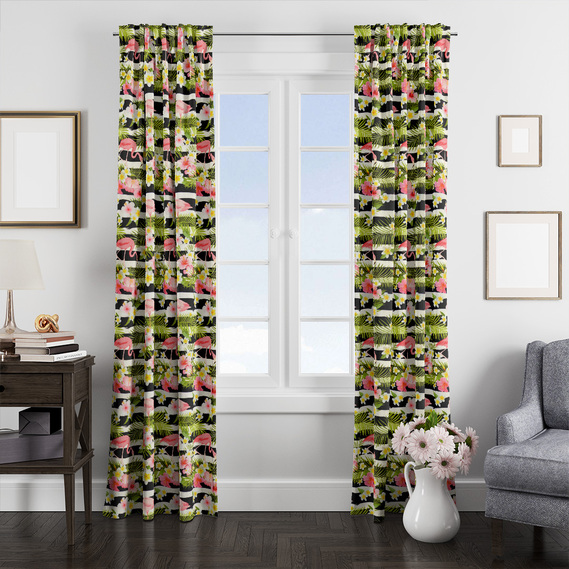 The fabric is a patterned curtain fabric called Flamingo, suitable for curtains, drapes, and valances V-01 олива, Фауна, фото 2
