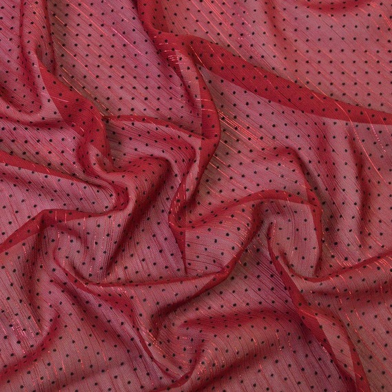 Шифон Горошок флок люрекс вишня , фото 1