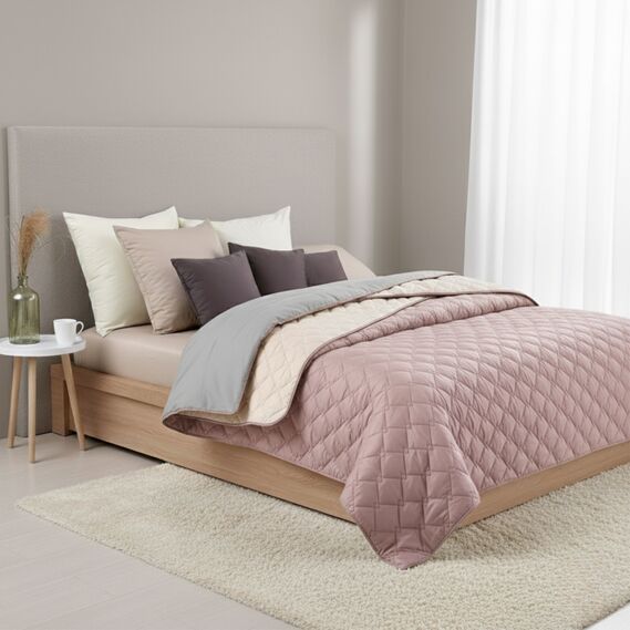 Покрывало на кровать Стиль Cube 180х210 см IDEIA двухстороннее, прочная стежка ткани, антиаллергенное волоконо пудра/св.сірий, фото 1